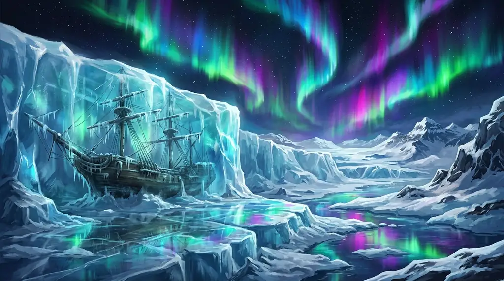 Wide view of the magical Chroma Glacier with glowing auroras